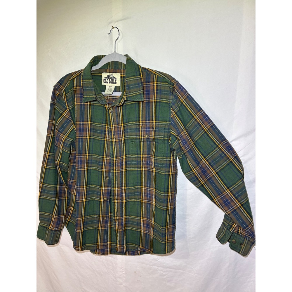 Old Mill Mens Green Plaid Flannel Button Down Shirt Medium Long Sleeve Cotton